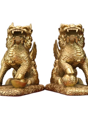 纯黄铜麒麟摆件开业礼品一对家居客厅卧室镇宅摆设办公室工艺品