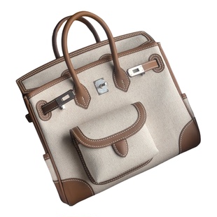 定制bk25银扣Cargo帆布拼Swift牛皮铂金包手提包女款 37 Gold金棕