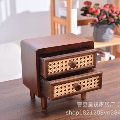复古多层收纳柜实木桌面藤编首饰收纳抽屉式迷你置物架创意床头柜