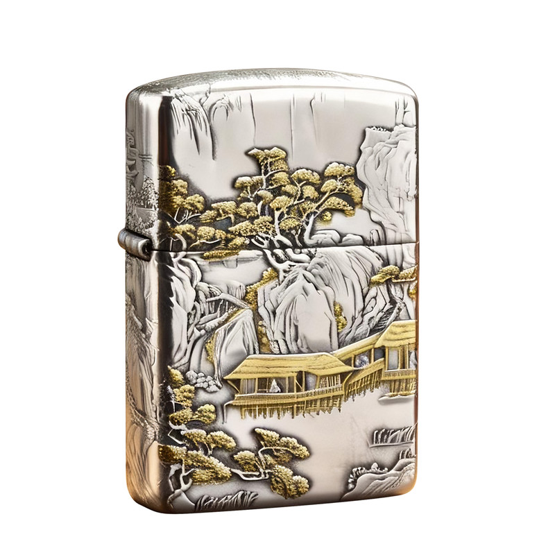 Zippo镀银山水画盔甲浮雕送礼