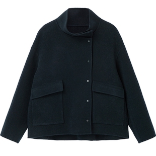 布景毛呢外套女短款冬季斜襟暗扣设计立领双面呢纯羊毛大衣1408