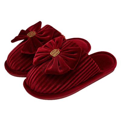 红色拖鞋结婚一对冬季喜庆新婚礼新娘陪嫁婚鞋高级轻奢晨袍棉拖鞋