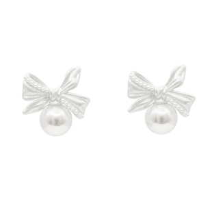 「贝拉公主」法式复古白色蝴蝶结珍珠耳饰蚊香盘耳夹精致耳钉耳环