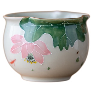 画续草木灰手绘荷花主人杯单杯女功夫茶杯单个陶瓷品茗对杯礼盒装