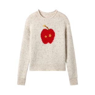 yawhat创意红苹果嵌花手工勾花杂色纯羊毛卷边套头毛衣节日氛围感