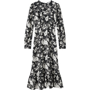 【朱珠同款】LK BENNETT黑色山茶花印花连衣裙桑蚕丝高级感长裙