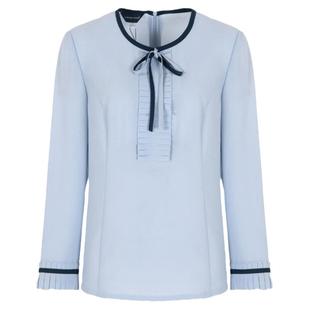 靓诺优雅轻熟浅蓝色雪纺收腰长袖圆领T恤衫女装春季新款LV20105A