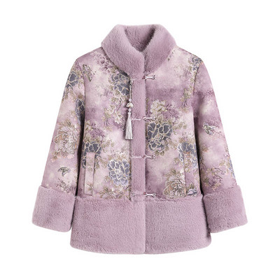 新款妈妈冬装加绒皮草毛毛外套中老年人新中式水貂绒毛呢大衣短款