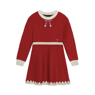 POLOWALK女童长袖连衣裙春季款时尚提花甜美蝴蝶结百搭红色裙大童