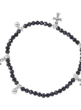 s925银十字架圆珠黑尖晶百搭手链
