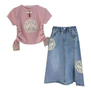 女童夏装套装2025新款儿童女套裙中国风洋气短袖半身牛仔裙两件套