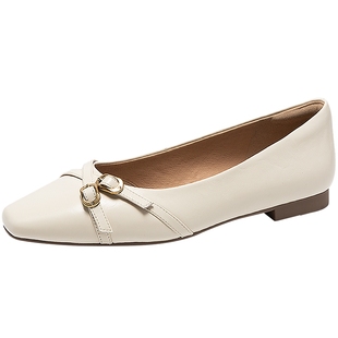 千百度低跟真皮浅口单鞋女款百搭气质新款通勤小皮鞋小香风晚晚鞋