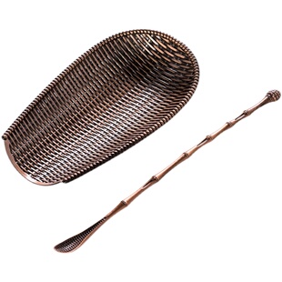 合金竹编纹茶则茶拨｜古铜色簸箕茶荷茶匙两件套功夫茶具茶道配件