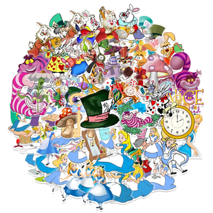 50张动画爱丽丝梦游仙境卡通周边贴纸装饰笔记本头盔相框画手账保温杯吉他衣柜收纳箱拉杆箱DIY贴贴纸防水pvc