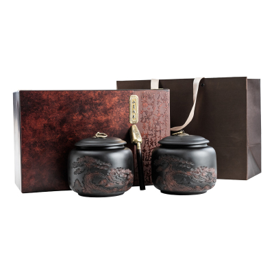 复古紫陶松树雕刻密封茶叶罐礼盒