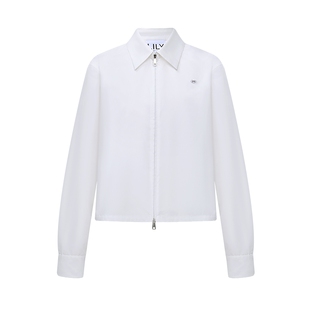 LILY2026春新款简约翻领拉链正肩休闲通勤白色长袖衬衫外套女短款