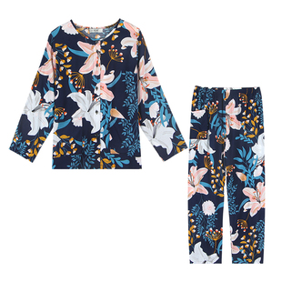 女中老年春夏妈妈圆领开衫棉绸薄款睡衣人造棉绵绸长袖长裤家居服