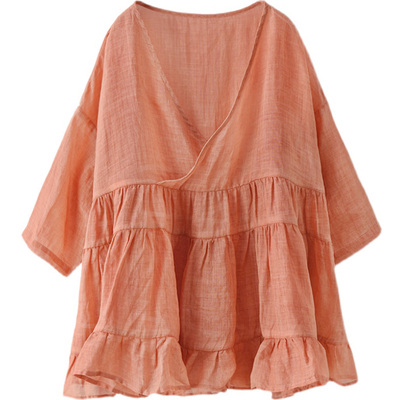 凡卡森女系抽褶v领苎麻娃娃衫