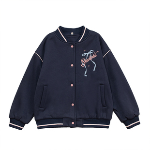 一体绒舒棉绒棒球服学院风女童立领棉内衬加绒厚外套冬款中大童