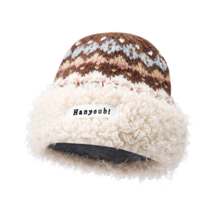 畹町费尔岛风针织帽女秋冬季保暖毛绒边帽子复古民族风护耳毛线帽