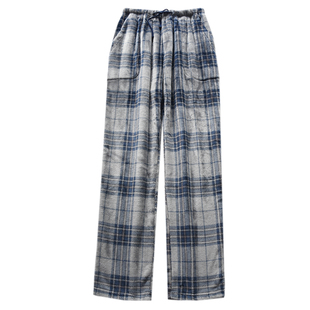 日系格子睡裤男士秋冬季法兰绒加厚保暖加绒宽松大码家居裤长裤
