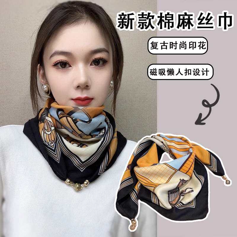 秋季2025新款复古印花磁扣围巾时尚百搭护颈保暖围巾洋气方巾围脖