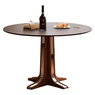 木小咖 实木圆形餐桌中古风方园两用正方形可伸缩折叠岩板餐桌