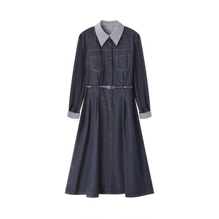 XWI欣未含棉肌理仿亚麻连衣裙女春季通勤简约拼接衬衫领牛仔裙子