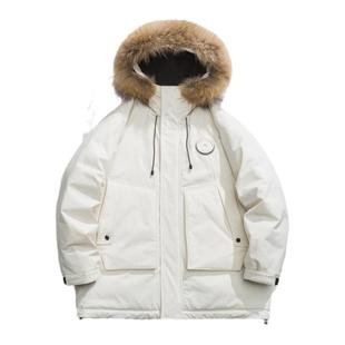 阿于呆貉子毛领中长款白鸭绒羽绒服男宽松加厚防风情侣潮牌外套女