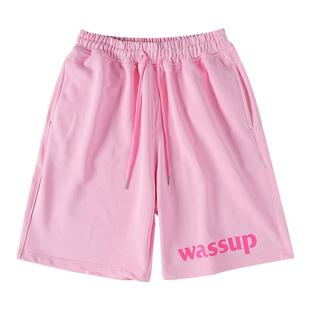 WASSUP粉色休闲短裤男女生运动宽松夏季高街情侣字母潮牌五分裤子
