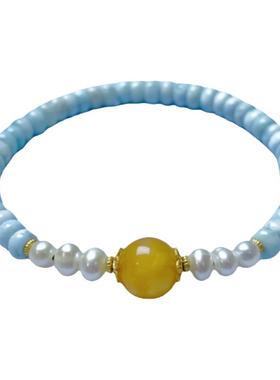 海纹石手串拉利玛天然海纹石配蜜蜡及淡水珍珠设计款5*3mm