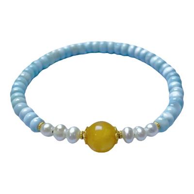 海纹石手串拉利玛天然海纹石配蜜蜡及淡水珍珠设计款5*3mm