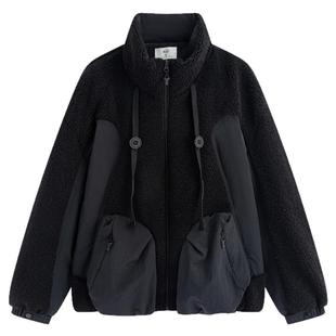 流石男装时尚仿羊羔毛拼接羽绒服2025年冬季男款黑色个性保暖外套