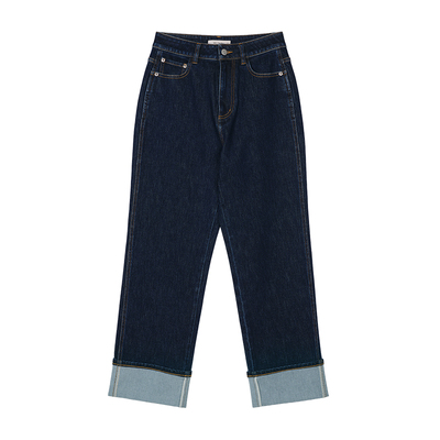 环保水洗复古时髦翻边牛仔裤