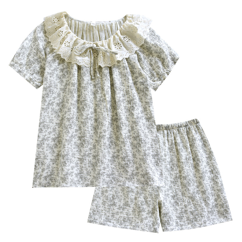夏季薄款纯棉纱布女生甜美碎花家居服蕾丝圆领套头短袖短裤家居服
