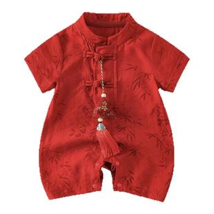 百天婴儿夏季衣服喜庆新中式周岁宝宝礼服红色短袖连体衣外出爬服