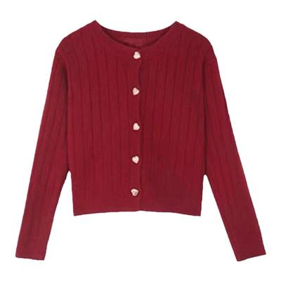 纽扣V领开衫红色针织毛衣