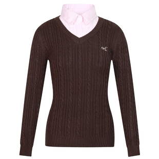 LK STORE LKOD2025条纹衬衣领od字母毛衣v领假两件长袖针织修身女