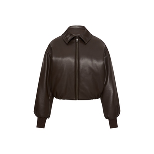 oneup美式复古PU皮衣棉服外套女秋冬季宽松花苞袖拉链短款棉衣