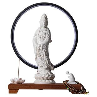 新中式德化白瓷站立像观世音菩萨像陶瓷南海观音家用装饰灯圈摆件