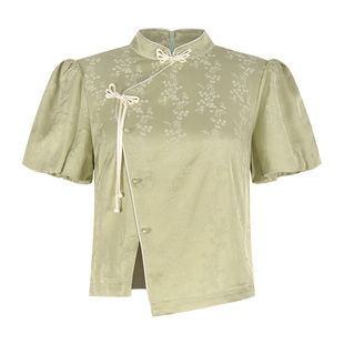 固执夏季新款新中式盘扣衬衫女立领泡泡短袖提花小衫上衣女