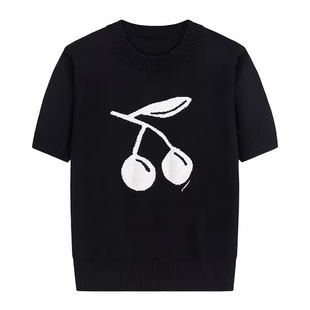 樱桃印花短袖针织衫T恤女气质圆领套头百搭黑色设计感上衣