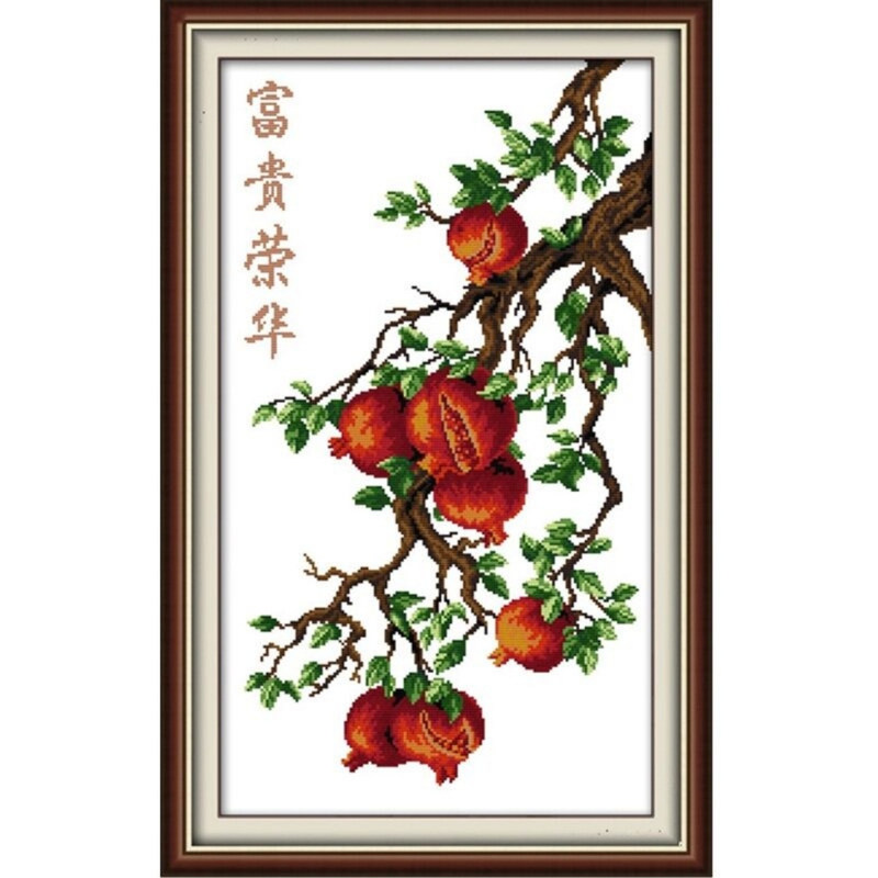 石榴图十字绣客厅竖版画笑口常开