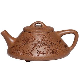 宜兴紫砂壶纯手工陶刻竹叶子冶石瓢原矿降坡泥茶壶国助工范勤君