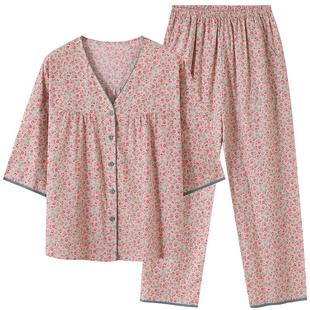 梭织棉纱布睡衣女士春秋款纯棉七分袖秋季全棉中年妈妈夏季家居服