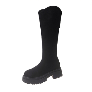 羊皮版~棕色长筒靴女2025秋冬新款V口麂皮绒面厚底长靴增高瘦瘦靴