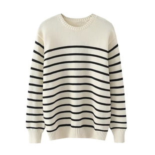 BM毛衣宽松慵懒风女2026新款美式复古条纹圆领今年流行的漂亮毛衣