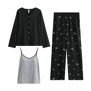 3件套芬腾带胸垫吊带背心睡衣女春秋季纯棉长袖可外穿家居服套装