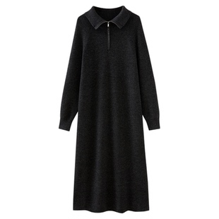水云间polo领羊毛针织连衣裙女灰色中长款裙子冬日氛围感2025新款
