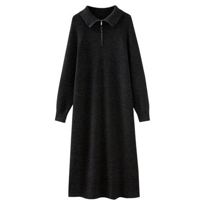 水云间polo领羊毛针织连衣裙女灰色中长款裙子冬日氛围感2025新款